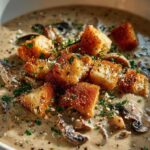 Cremige Pilzsuppe mit knusprigen Salbei-Croutons