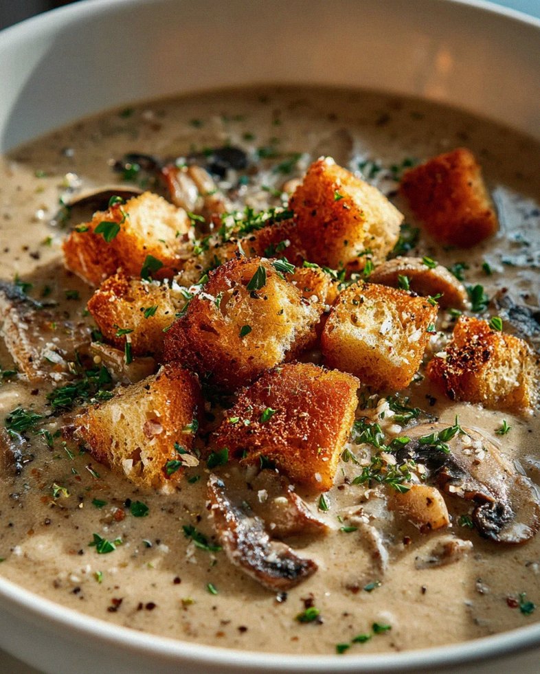 Cremige Pilzsuppe mit knusprigen Salbei-Croutons