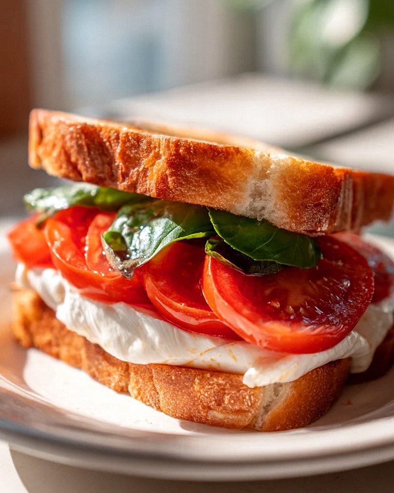 Klassisches Mozzarella Sandwich mit Tomate & Basilikum
