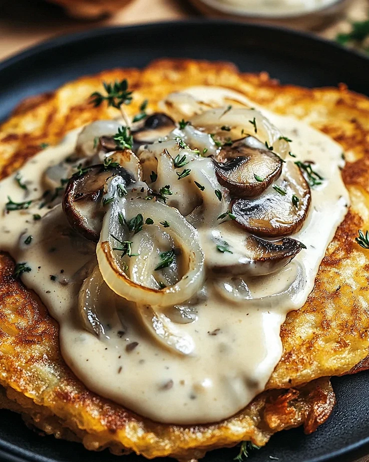 Mozzarella Rösti mit Zwiebel-Pilzrahmsoße