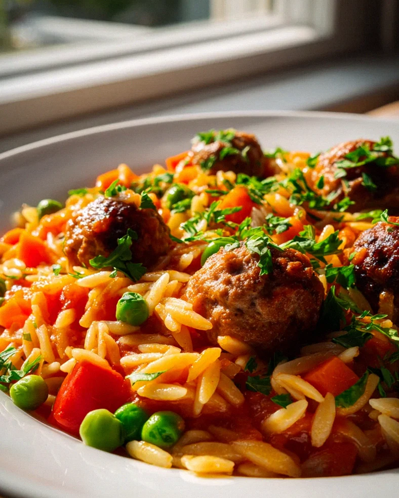 Schnelle Orzo Pfanne mit Hackbällchen für jeden Tag